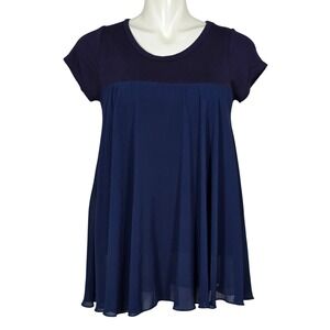 Takaya Siam Women's Layered Mixed Media Chiffon Tunic Top Blue Navy Medium